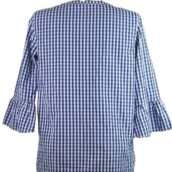 Avon Signature Collection Blue White Gingham Plaid Floral Embroidered V Neck S - Picture 8 of 11